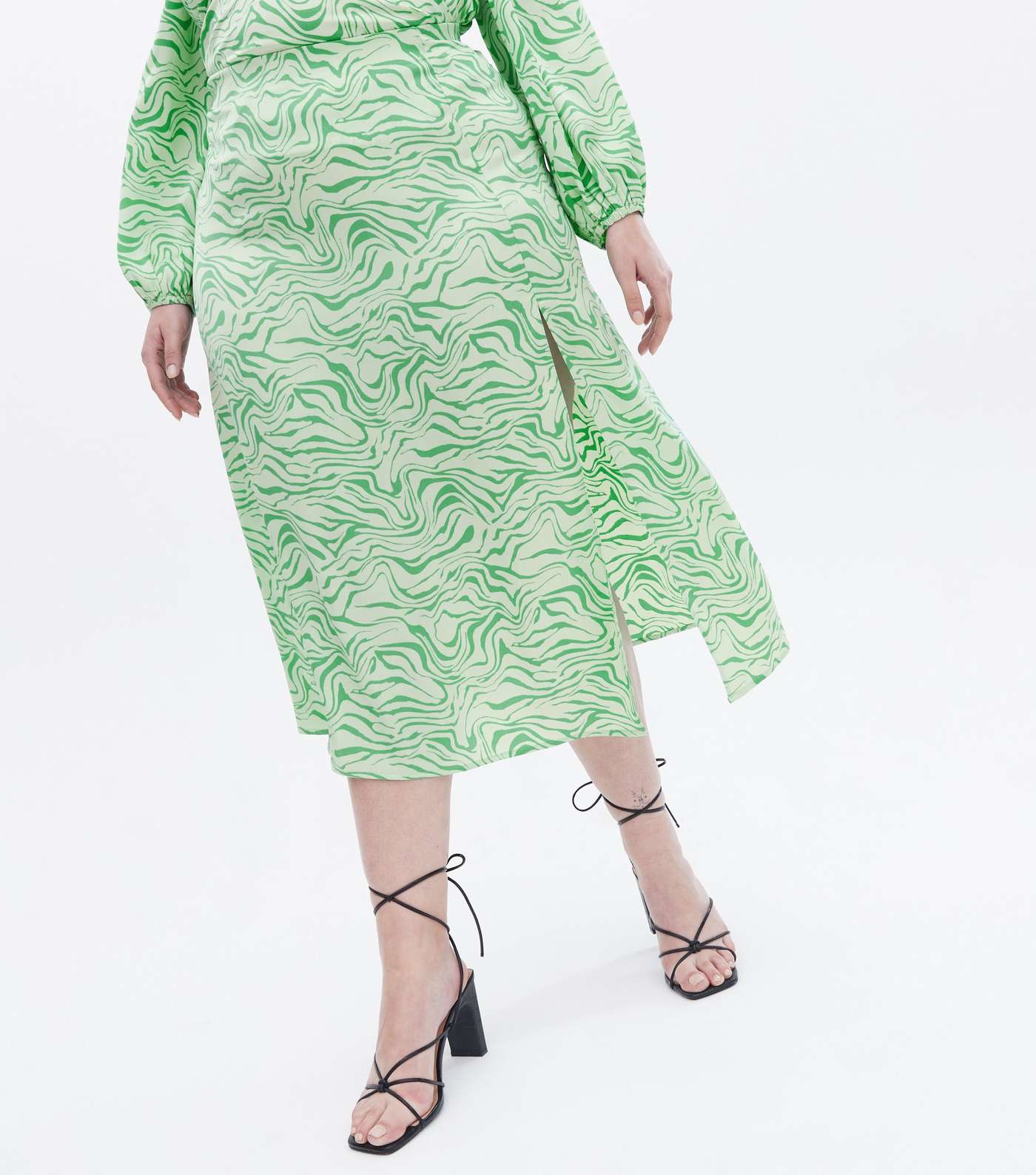 Curves Green Zebra Print Satin Midi Skirt Image 2