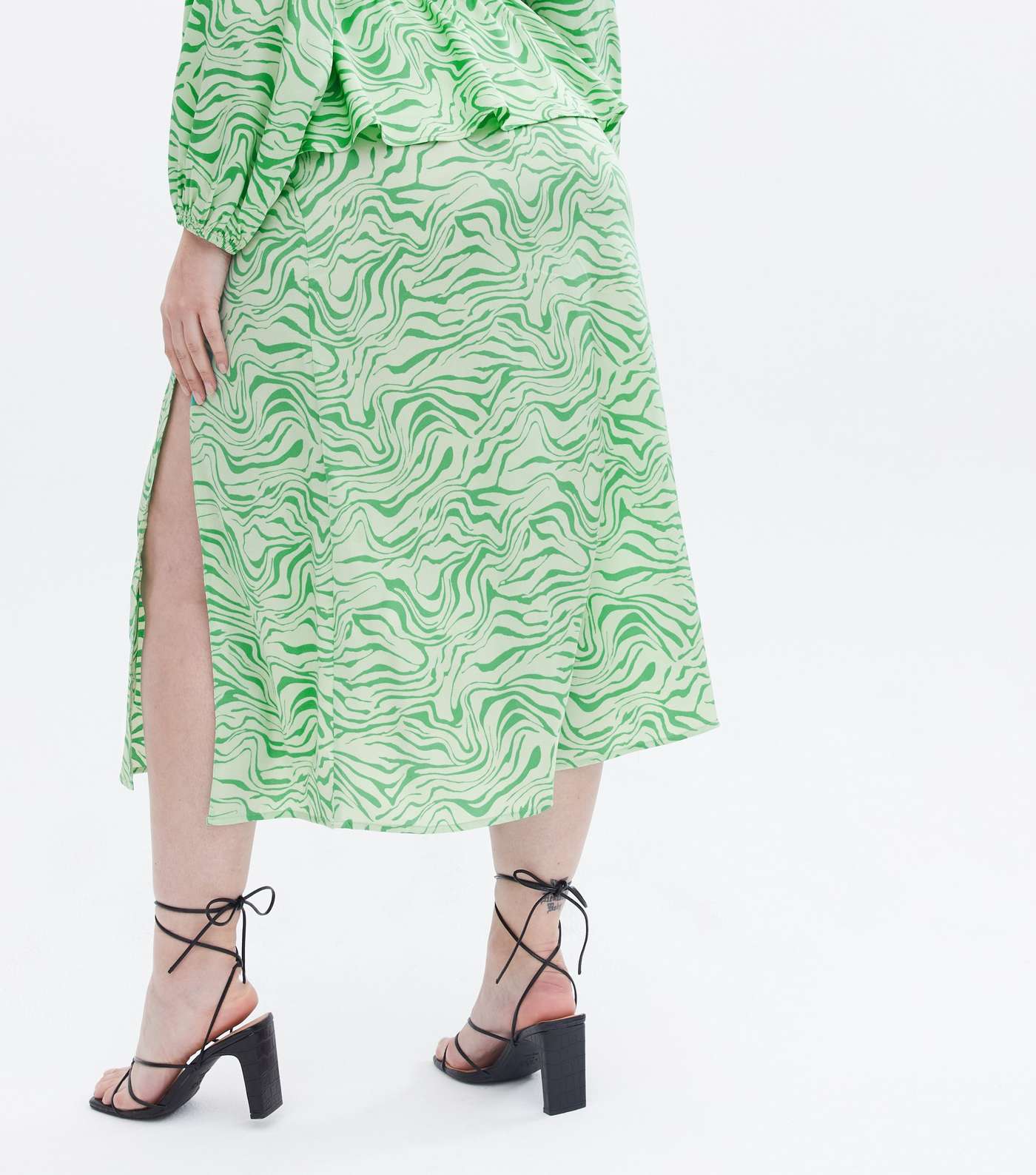 Curves Green Zebra Print Satin Midi Skirt Image 4
