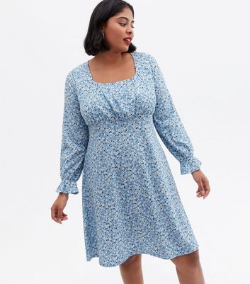 Curves Blue Ditsy Floral Square Neck Mini Dress New Look