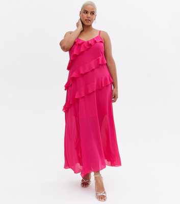 Curves Bright Pink Chiffon Ruffle Maxi Dress