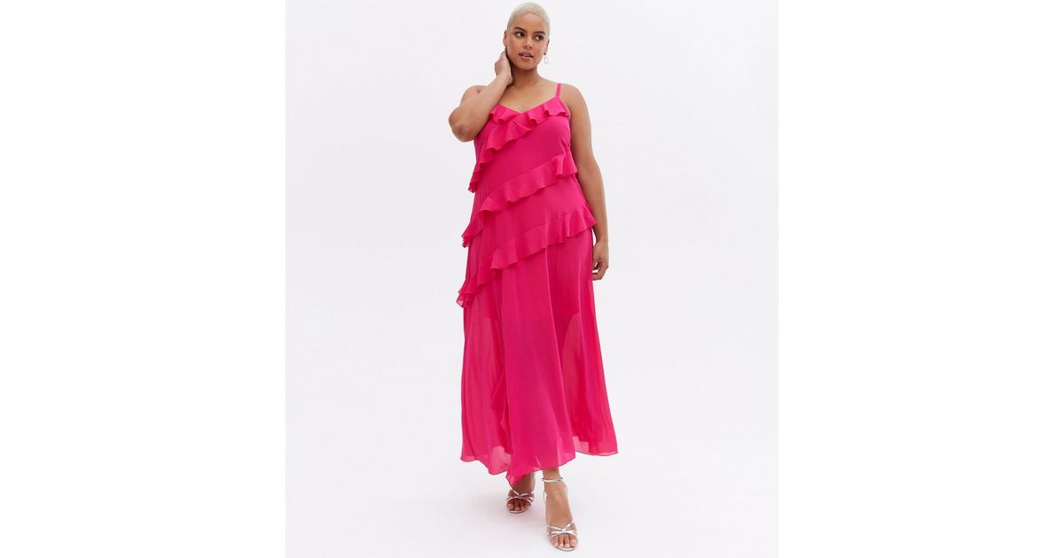 Curves Bright Pink Chiffon Ruffle Maxi Dress New Look