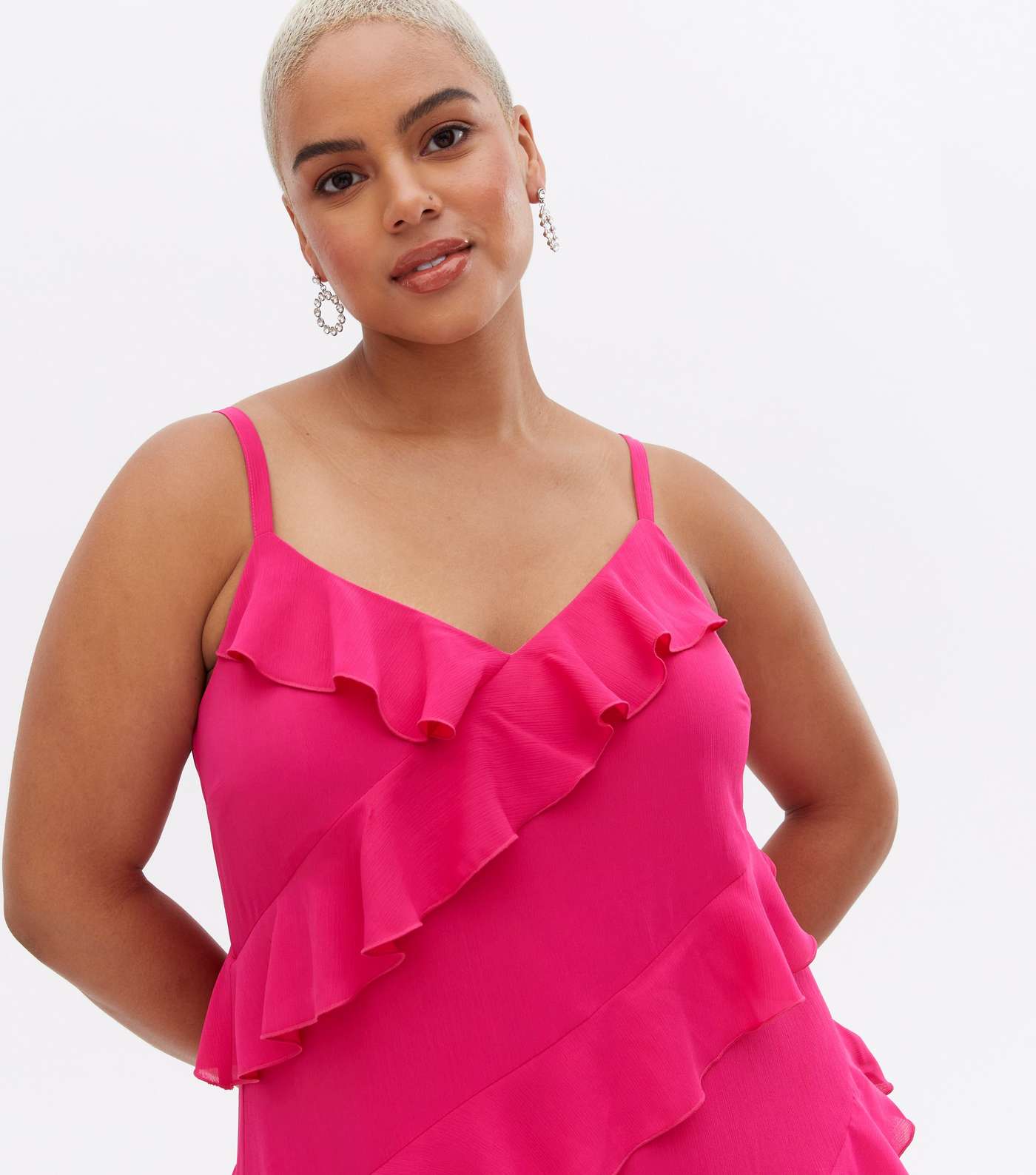 Curves Bright Pink Chiffon Ruffle Maxi Dress Image 3