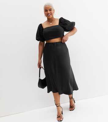 Curves Black Satin Bias Cut Midi Skirt