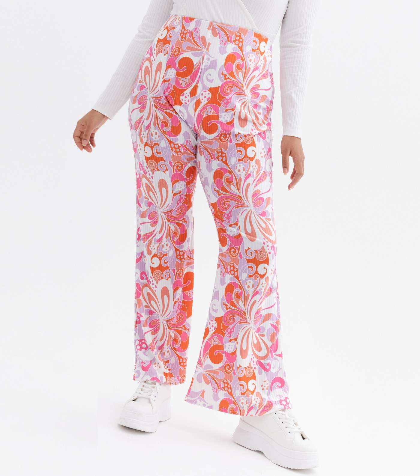 Curves Orange Floral Swirl Ribbed Flared Trousers Image 2