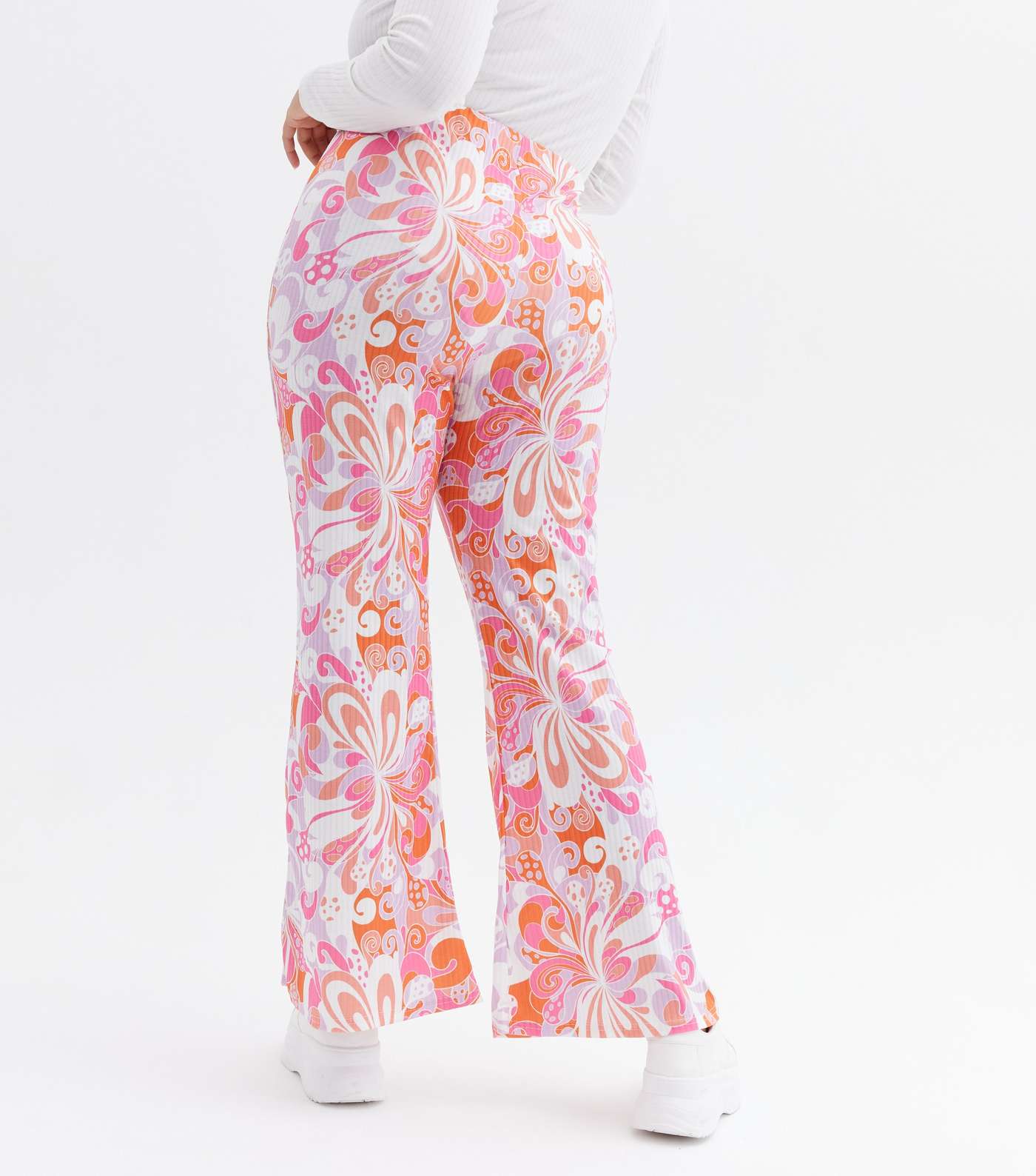 Curves Orange Floral Swirl Ribbed Flared Trousers Image 4