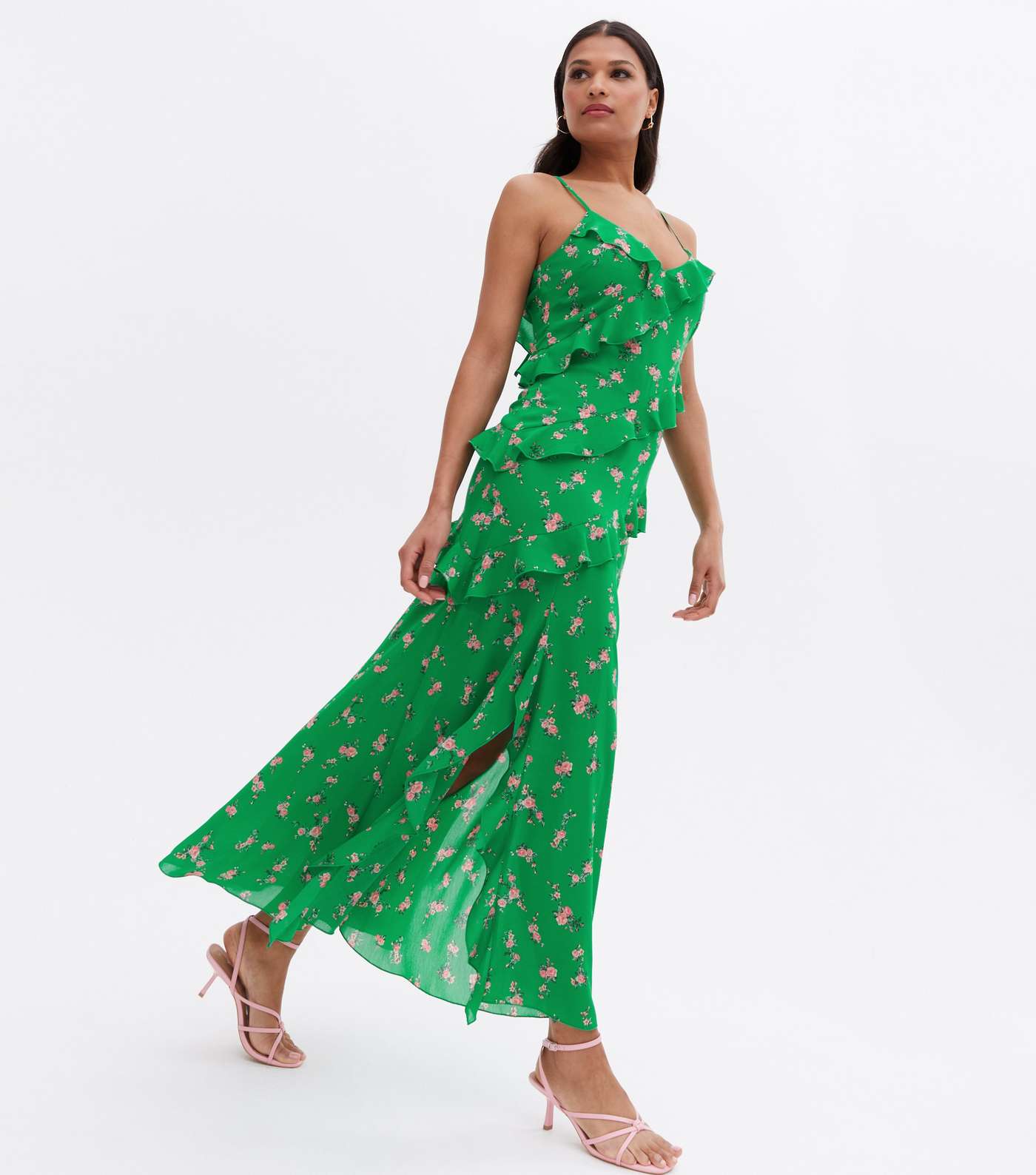 Green Rose Chiffon Ruffle Midi Dress Image 2