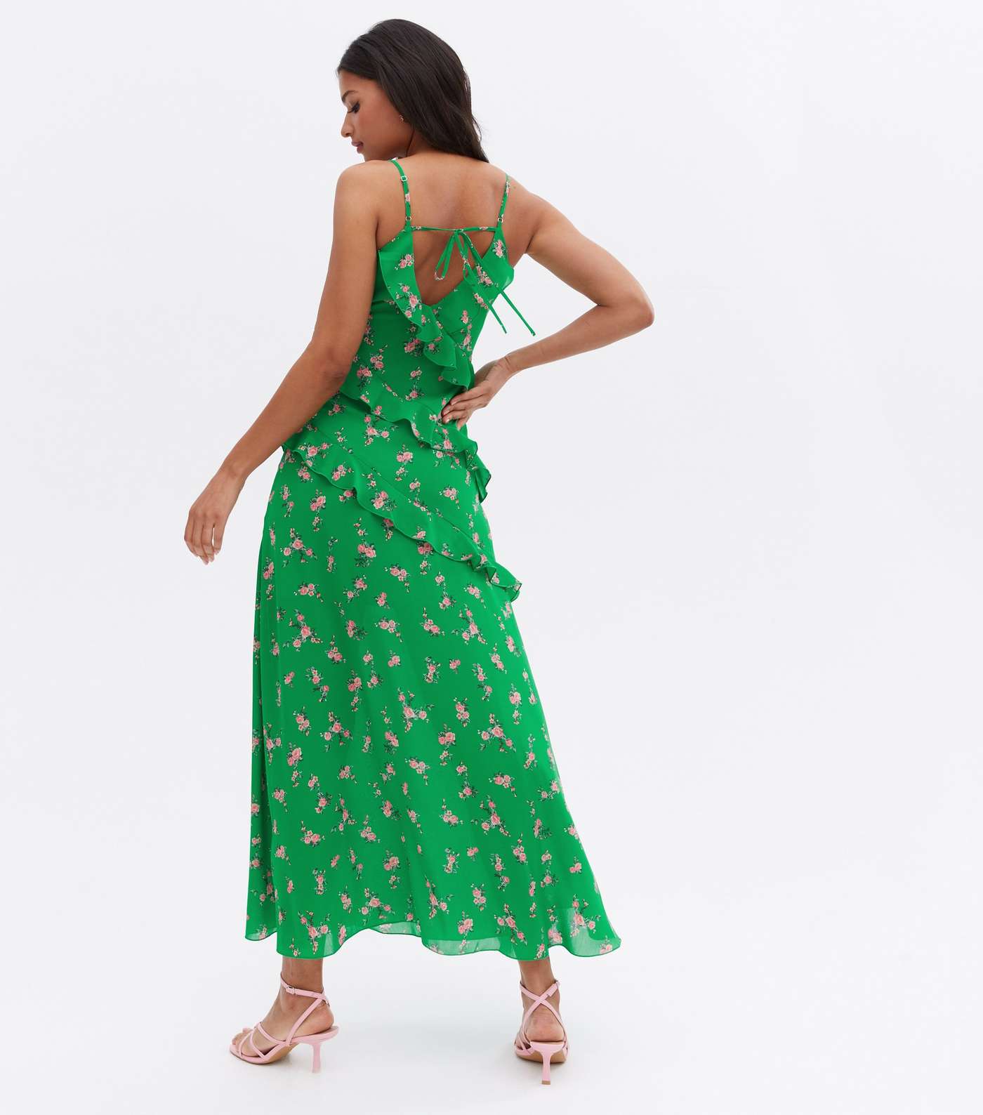 Green Rose Chiffon Ruffle Midi Dress Image 4