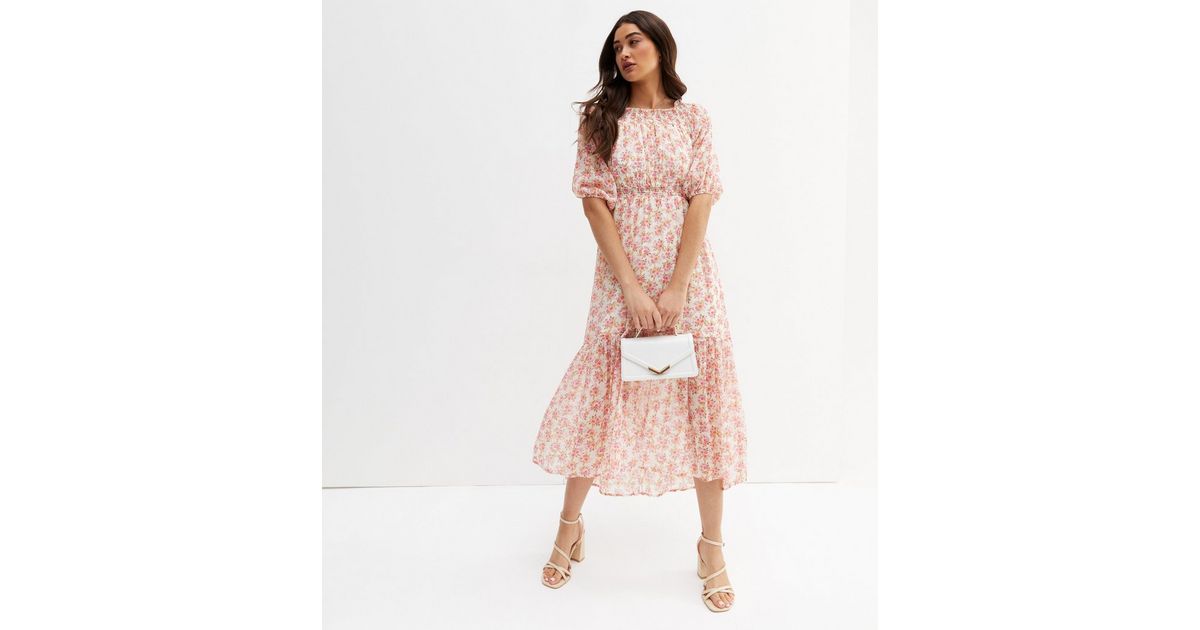 Off White Rose Chiffon Shirred Bardot Midi Dress | New Look