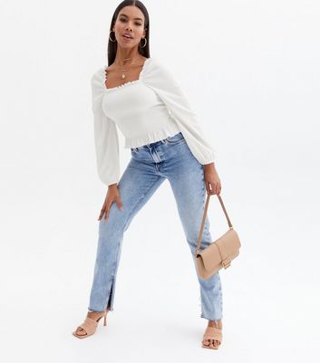 Off White Shirred Frill Square Neck 