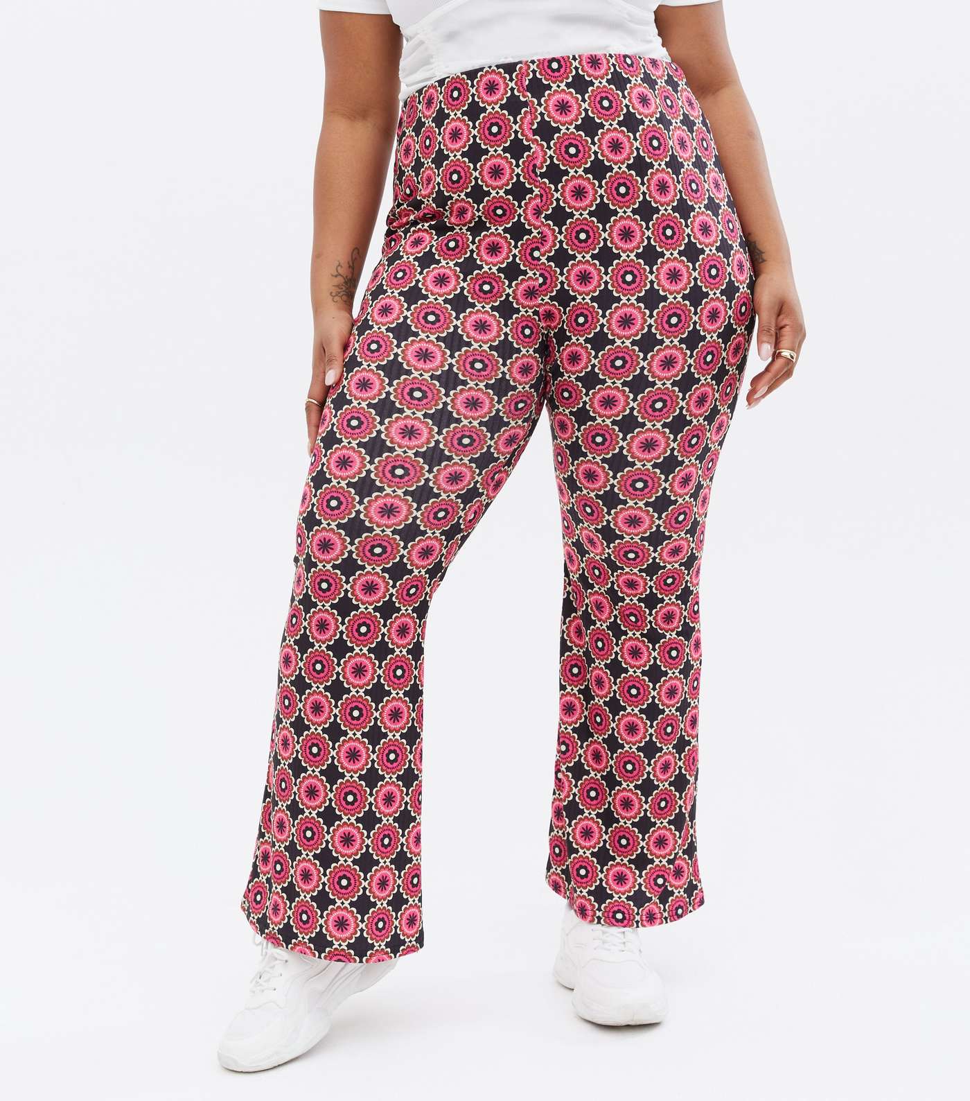 Curves Black Geometric Floral Flared Trousers Image 2