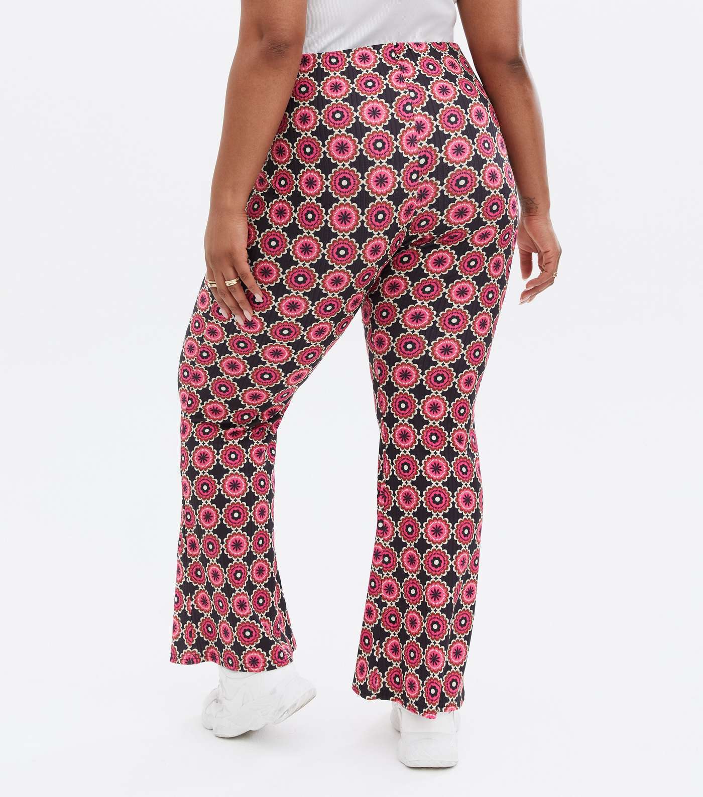 Curves Black Geometric Floral Flared Trousers Image 4
