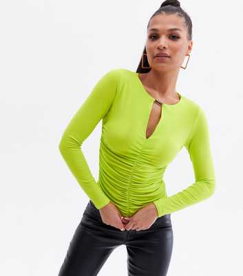 Green Ruched Front Bar Long Sleeve Top