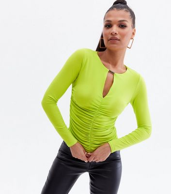 Green Ruched Front Bar Long Sleeve Top 
