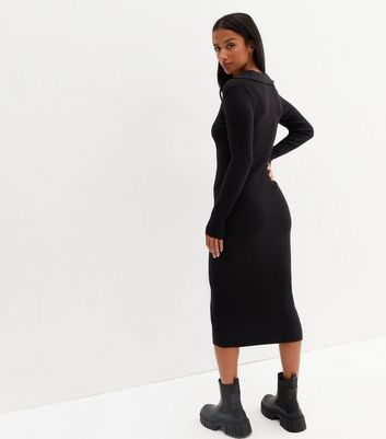 Petite Black Ribbed Knit Button Front 
