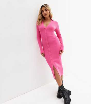 Petite Mid Pink Ribbed Knit Button Front Midi Polo Dress