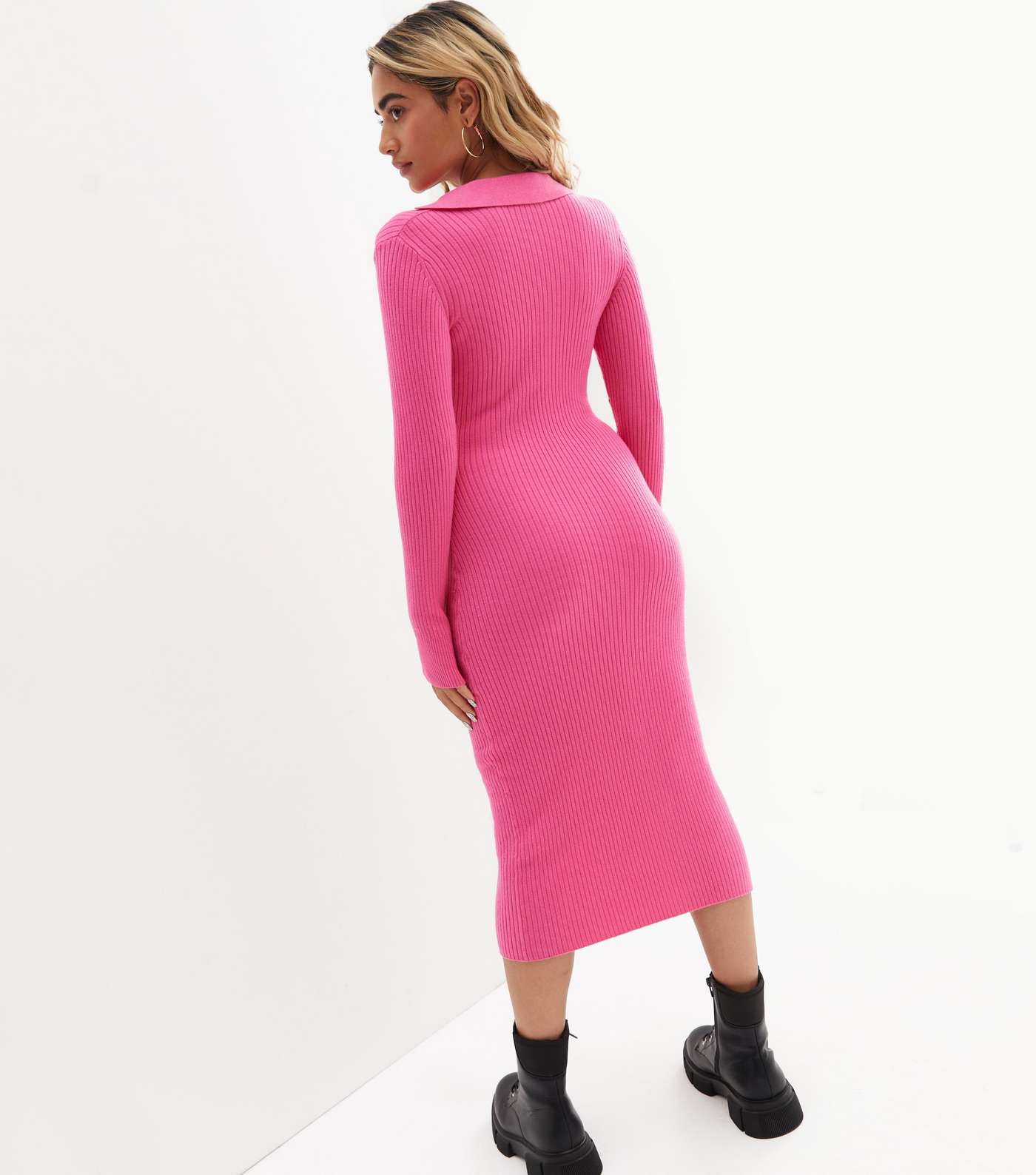 Petite Mid Pink Ribbed Knit Button Front Midi Polo Dress Image 4