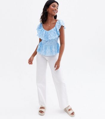 Pale Blue Broderie Frill Tie Back Cami New Look