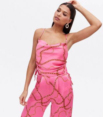Click to view product details and reviews for Pink Chain Satin Ruched Cowl Neck Cami New Look.
