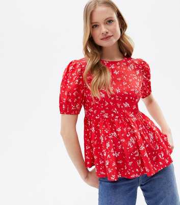 Red Floral Crepe Peplum Puff Sleeve Top