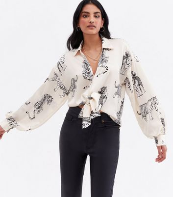 White Tiger Print Satin Tie Front Shirt 