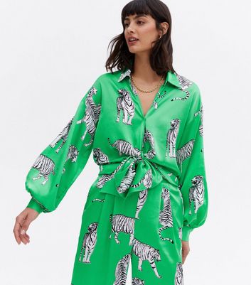 Green Tiger Print Satin Tie Front Shirt 