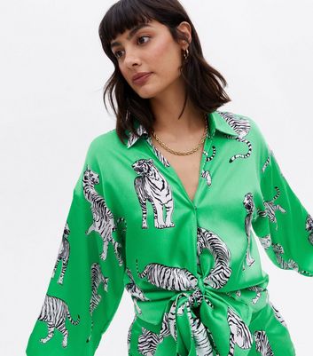 Green Tiger Print Satin Tie Front Shirt 