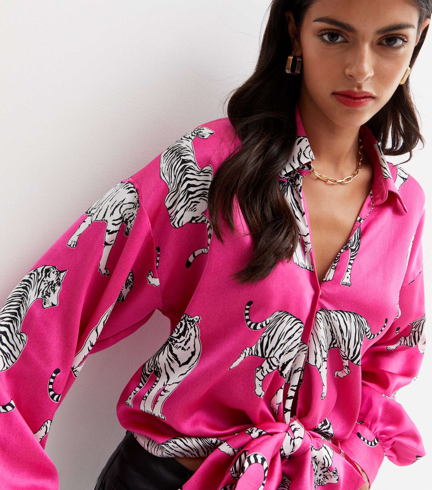 Pink Tiger Print Satin Tie Front Shirt