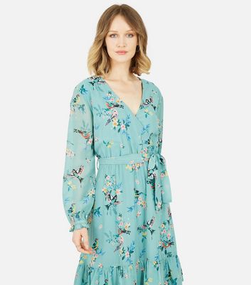 Yumi Turquoise Bird Print Chiffon Frill 