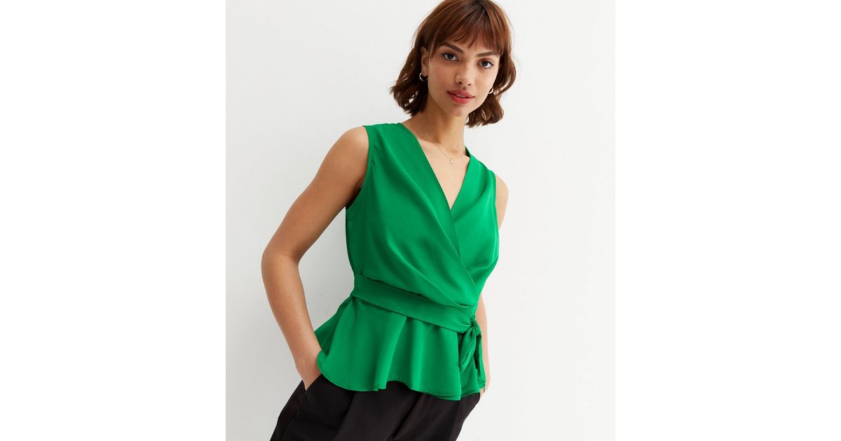 Green Sleeveless Wrap Peplum Blouse New Look