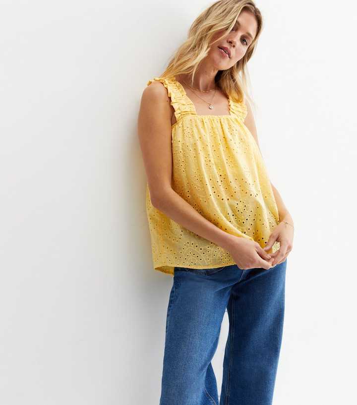 Pale Yellow Broderie Square Neck Top