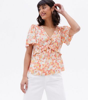Orange Floral Frill Tie Front Blouse | New Look