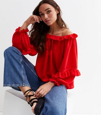 Red Frill Puff Sleeve Bardot Top New Look