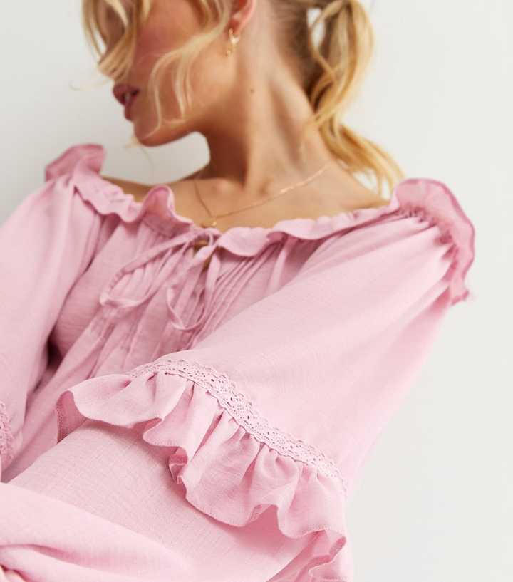 Miss Selfridge Textured Puff Sleeve Bardot Top in Pink