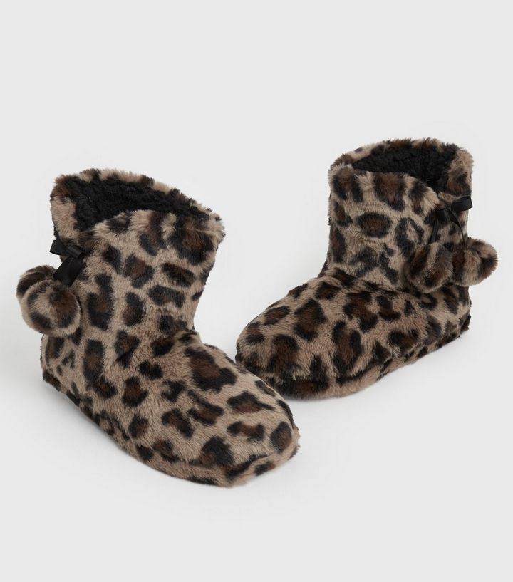 Stone Leopard Print Faux Fur Pom Pom Slipper Boots | New Look