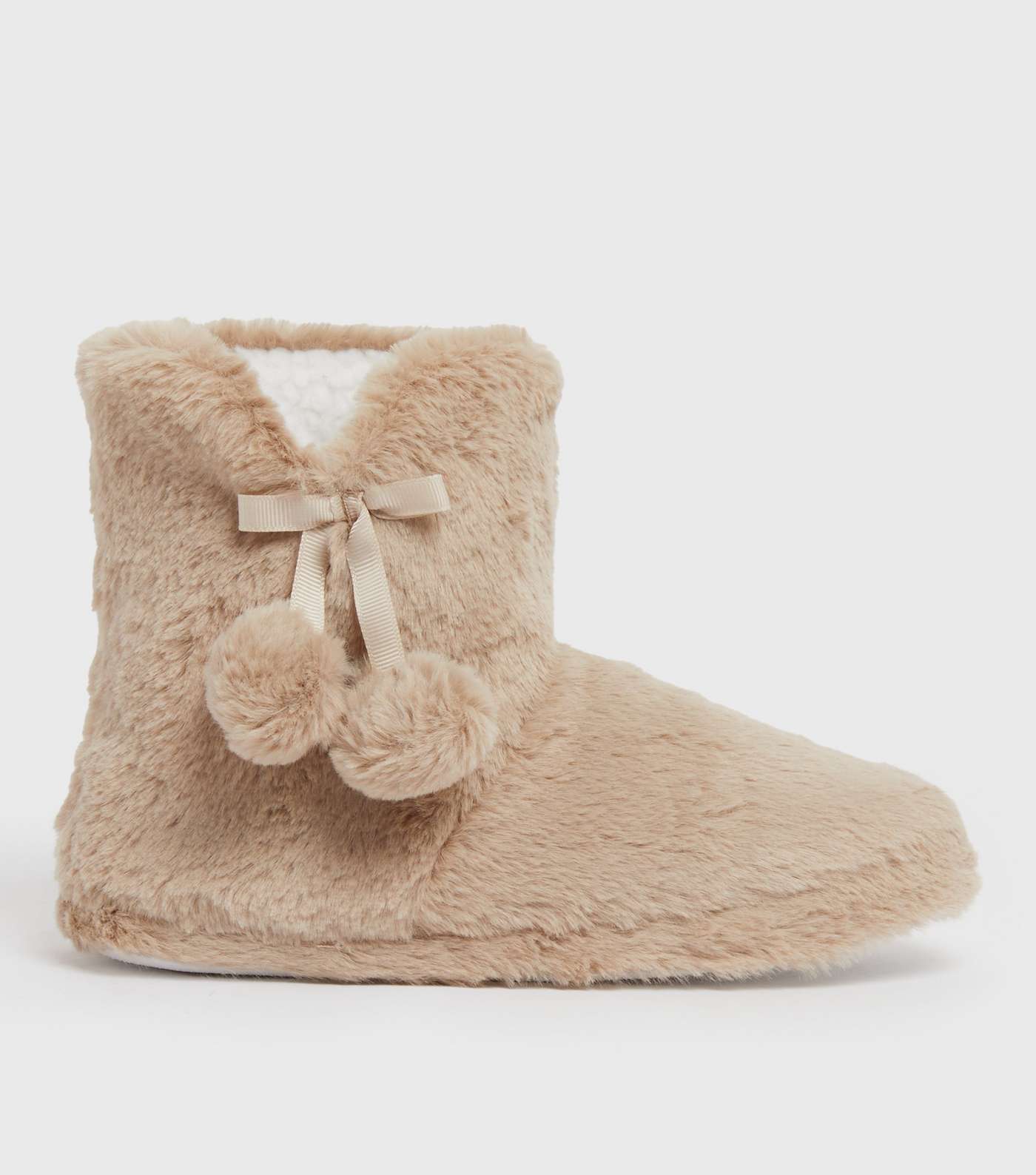 Camel Faux Fur Pom Pom Slipper Boots