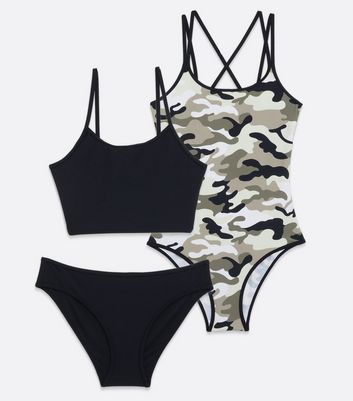 Girls 2 Pack Black Bikini and Camo Swimsuit New Look