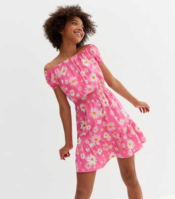 Girls Pink Daisy Crepe Bardot Dress
