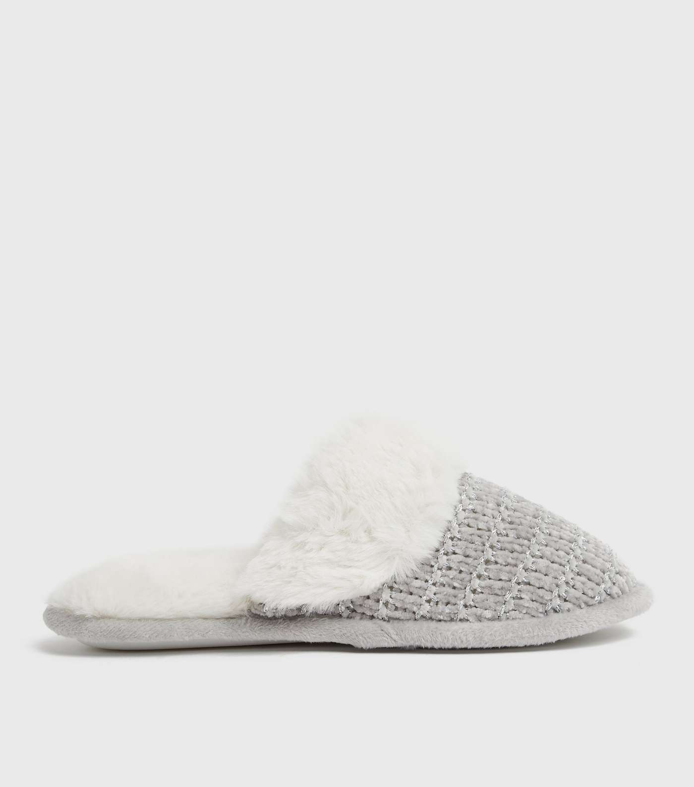 Grey Chenille Faux Fur Lined Mule Slippers