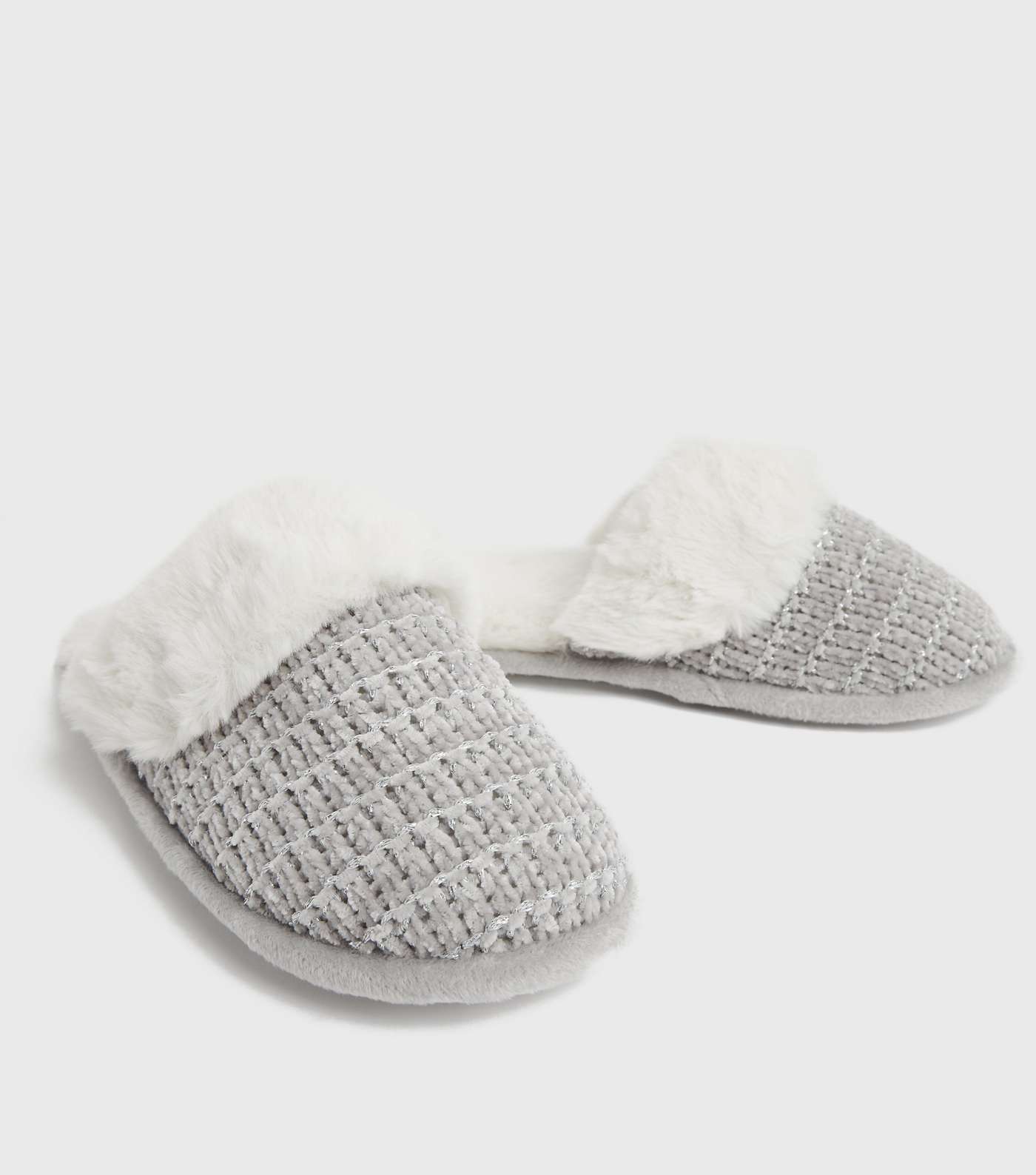 Grey Chenille Faux Fur Lined Mule Slippers Image 3