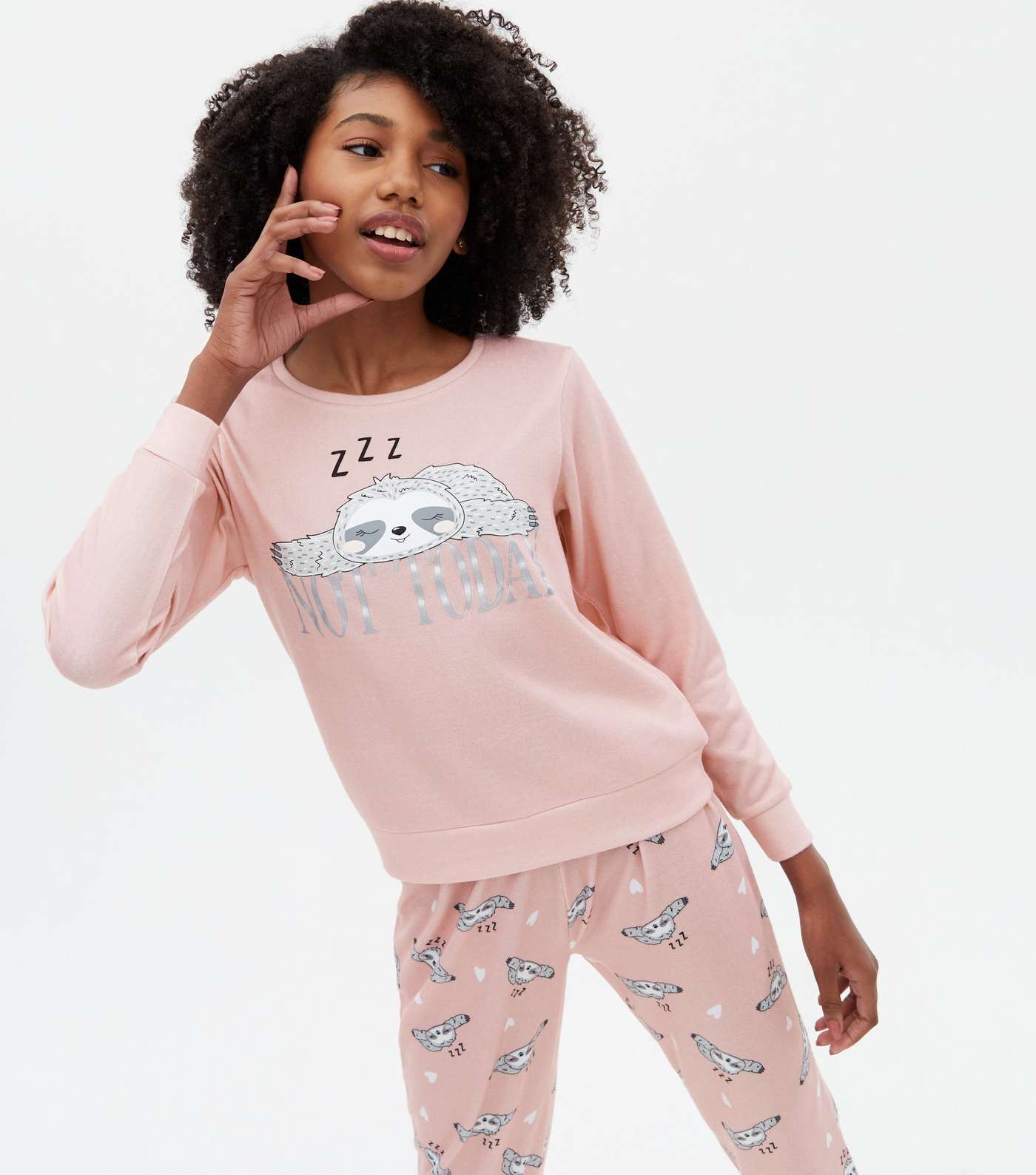 Girls Pink Brushed Jogger Pyjama Set with Sloth Print