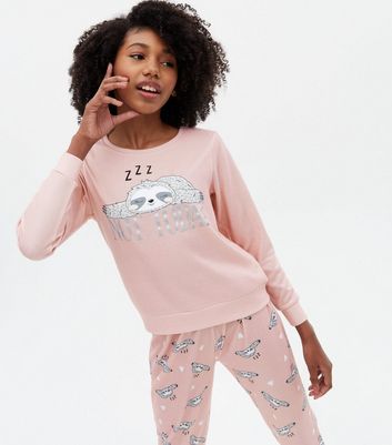 Girls Pink Brushed Jogger Pyjama Set with Sloth Print New Look