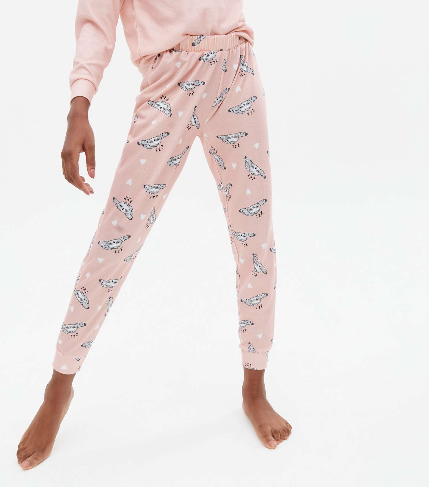 Girls Pink Brushed Jogger Pyjama Set with Sloth Print Image 3