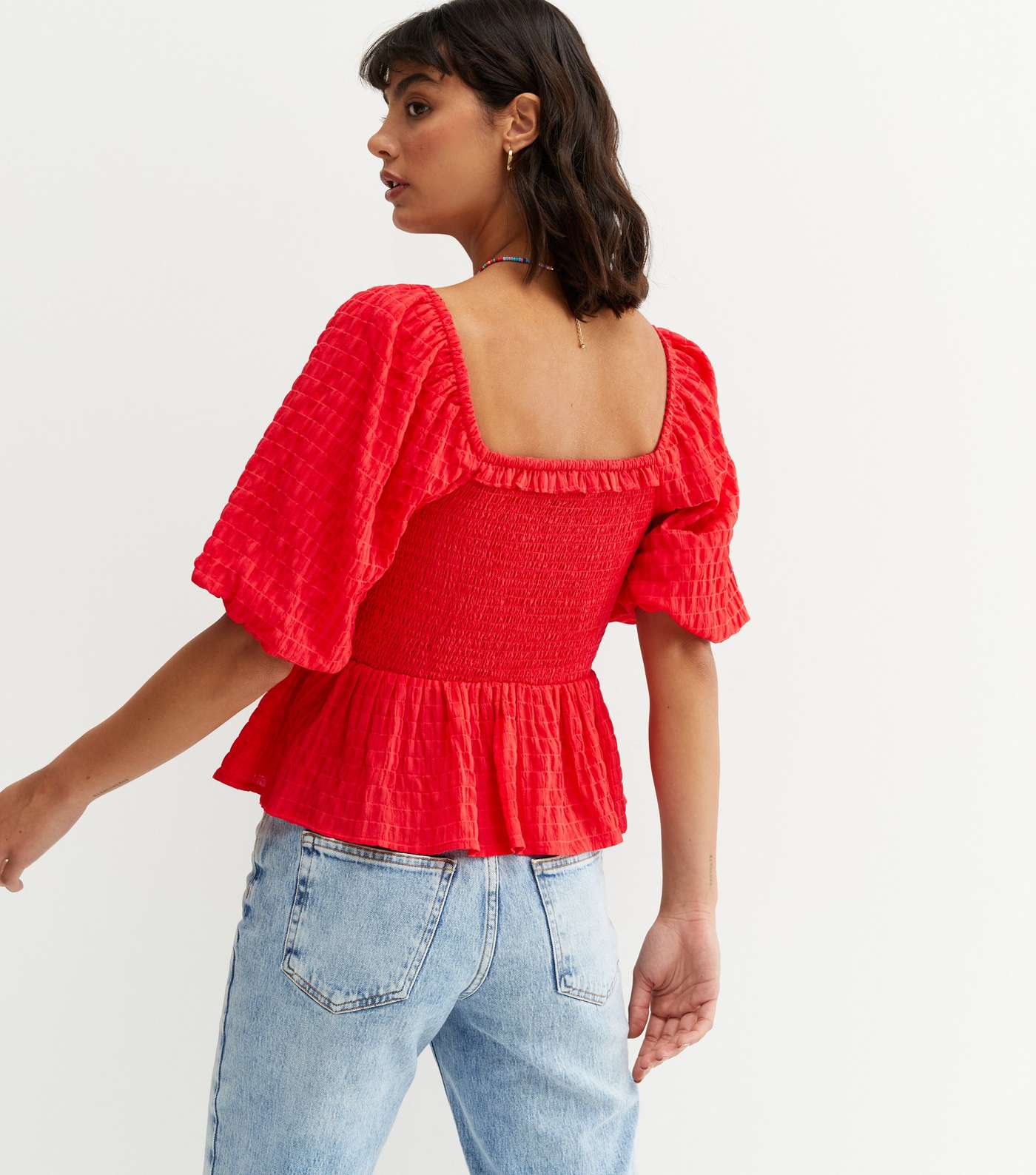 Red Shirred Square Neck Peplum Top Image 4