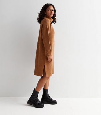 Petite Dark Brown Knit Roll Neck Long Sleeve Midi Dress | New Look