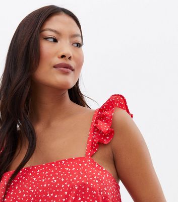 Petite Red Heart Crepe Frill Playsuit New Look