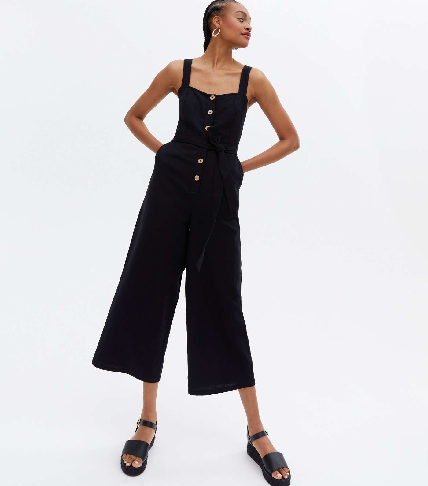 Tall Black Button Belted Crop Jumpsuit