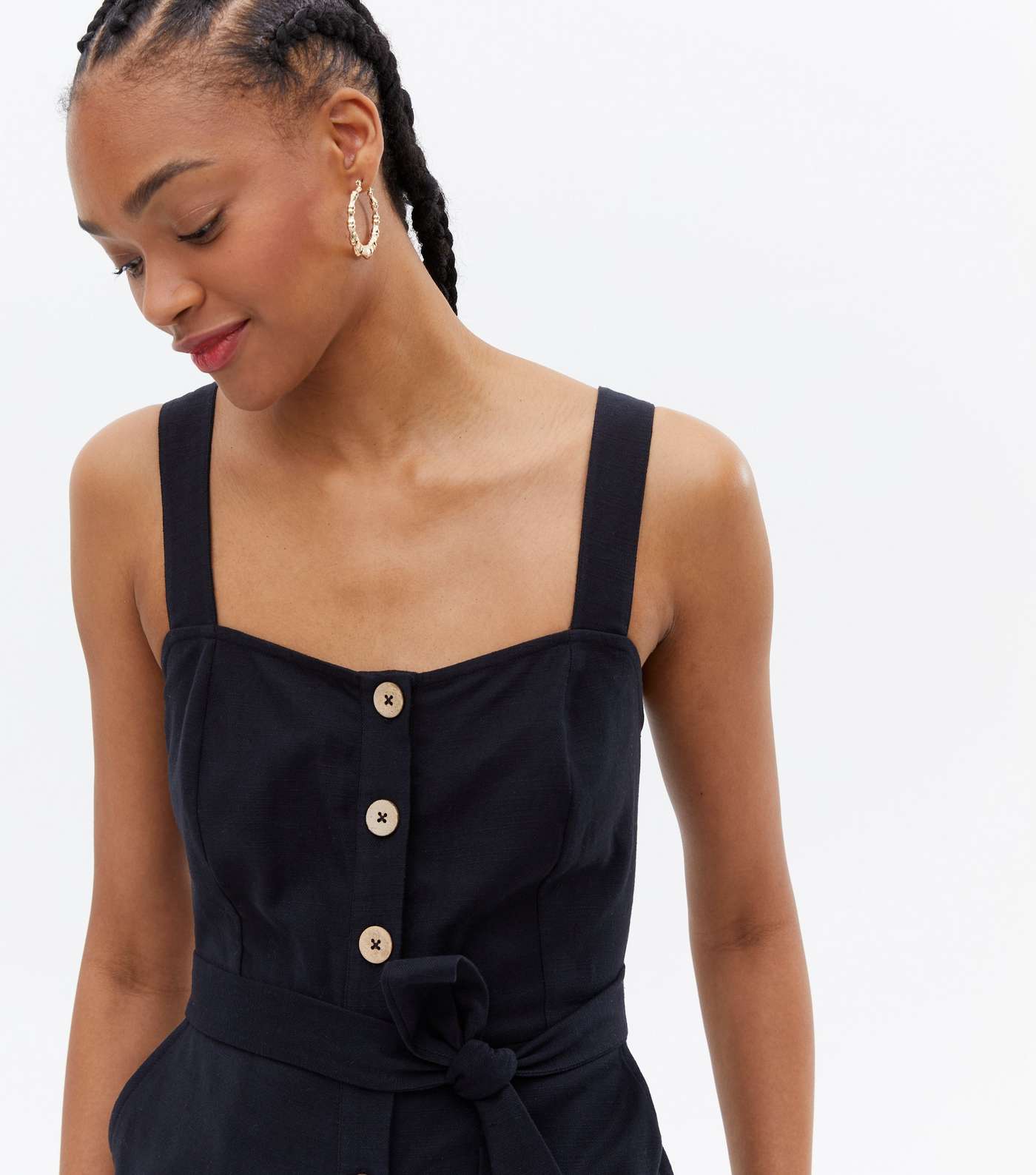 Tall Black Button Belted Crop Jumpsuit Image 3