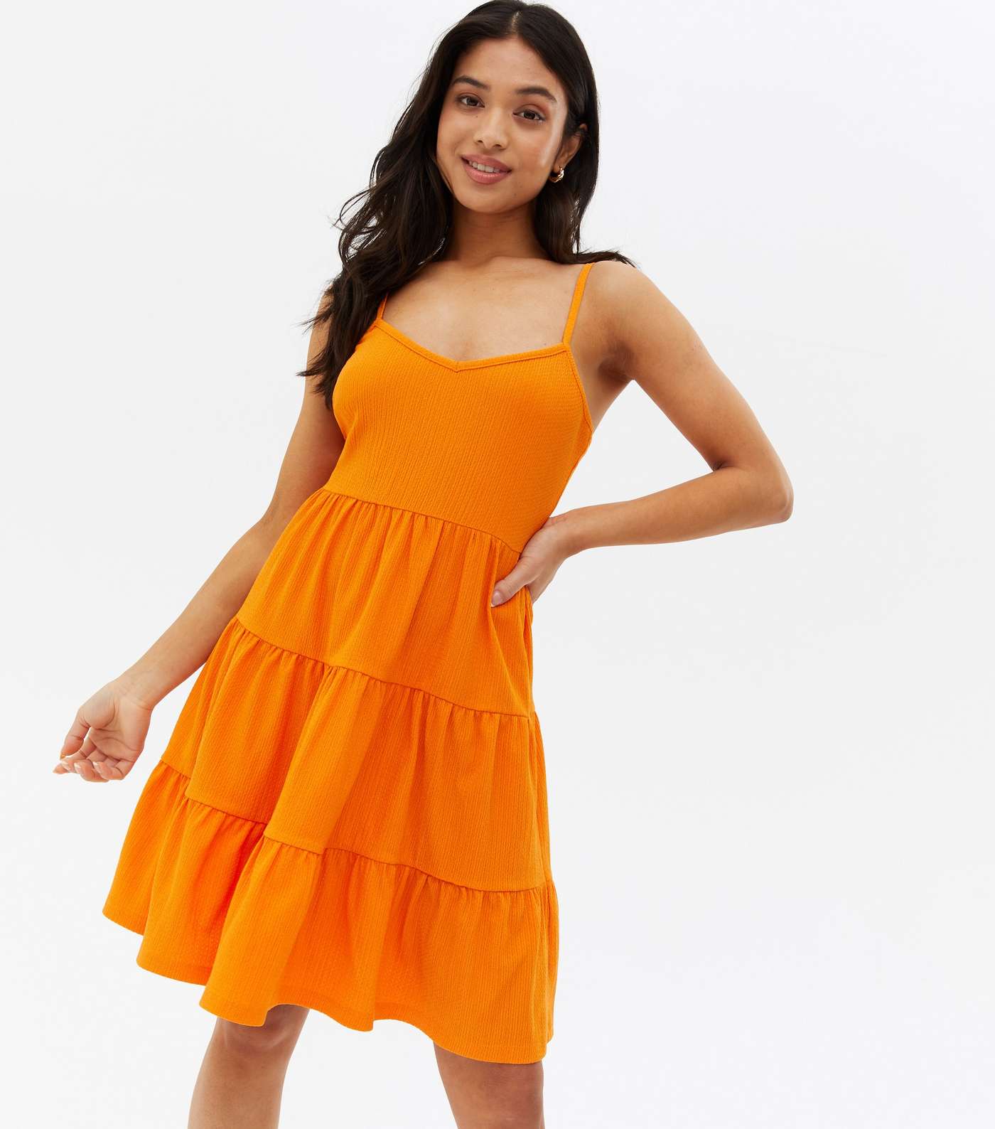 Petite Bright Orange Textured Strappy Mini Dress