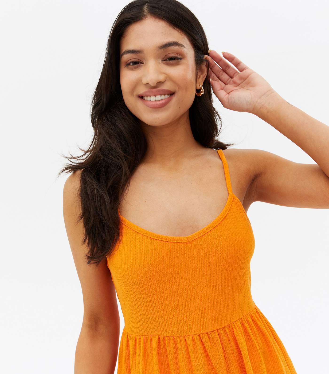 Petite Bright Orange Textured Strappy Mini Dress Image 3