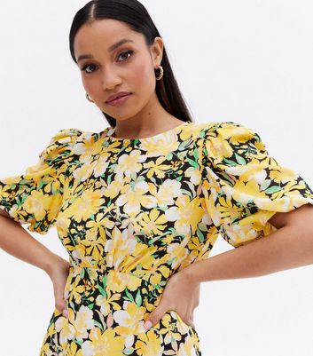 Petite Yellow Floral Puff Sleeve Mini Tea Dress New Look